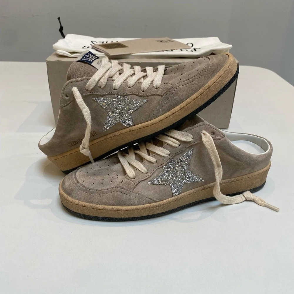 Golden Goose Ball Star Sabot Sneaker Taupe Suede/Silver Glitter sz 37 New in Box - Picture 9 of 11